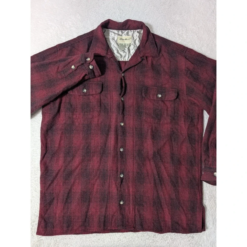 Vintage Eddie Bauer Men's XL Tall 1990s Red Plaid WOOL Long Sleeve Shirt Flannel